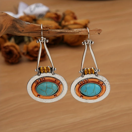 Oval Turquoise Decorative Vintage Pendant Earrings Zinc Alloy Silver Plated Jewelry Fashion Women's Gift