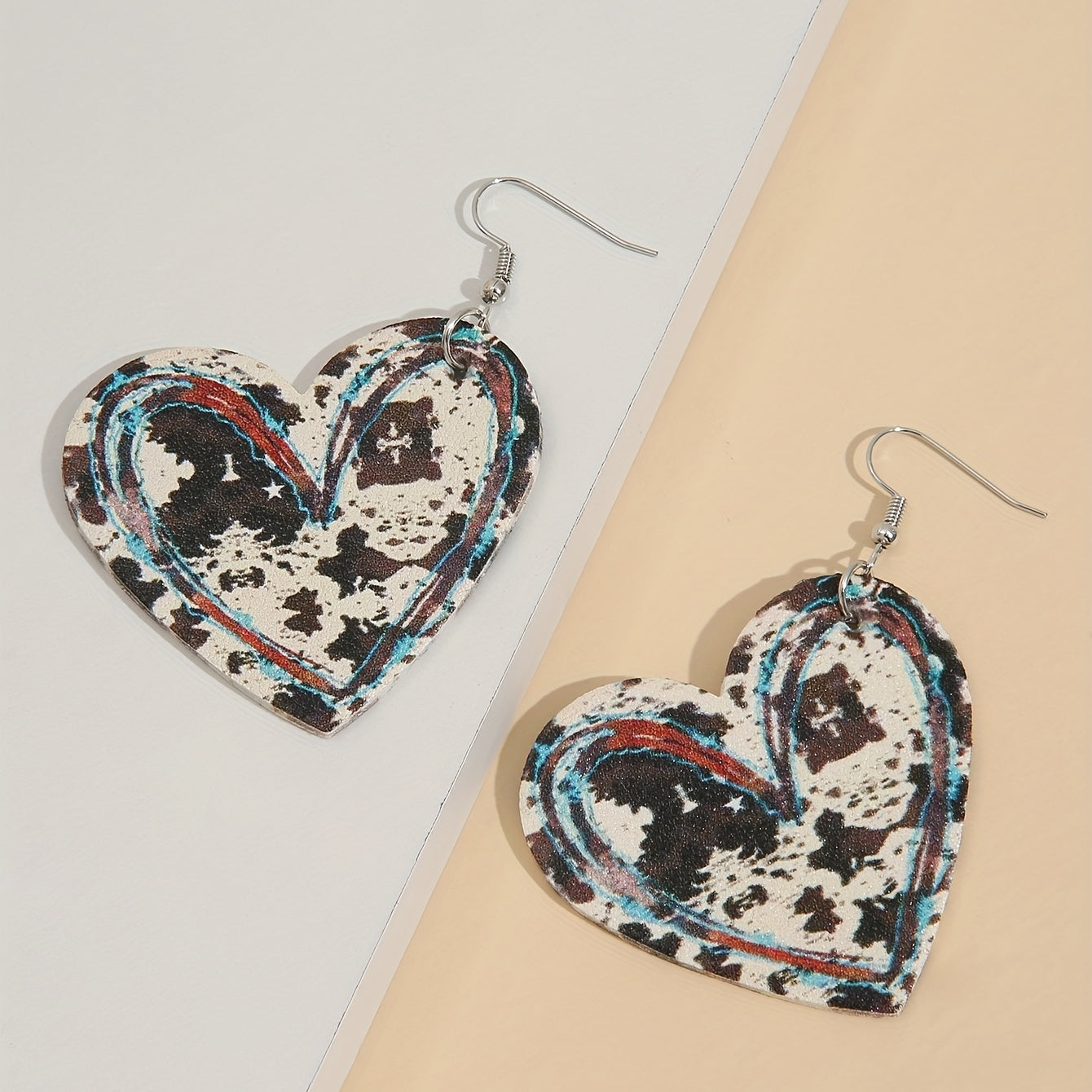 Vintage Heart-Shaped Cow Pattern Pendant Earrings Vintage Western PU Leather Jewelry Fashion Holiday Earrings
