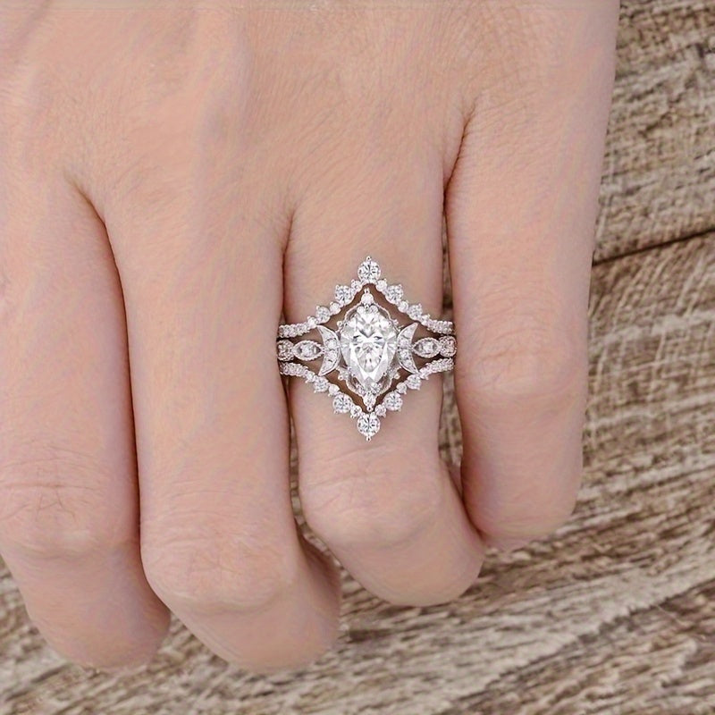 1.2 Carat Pear Shaped Zirconia Crescent Engagement Ring 3 Piece Set, Moon Engagement Ring, Vintage Engagement Ring, Art Deco Gift, Vintage