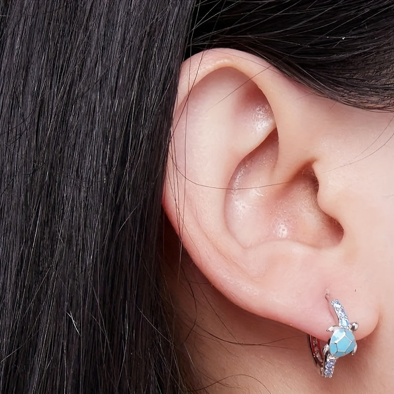 Ladies' elegant bohemian turtle earrings with synthetic sapphire, March birthday stone, nickel-free copper, animal-themed design, suitable for daily and party wear