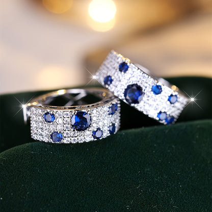 Sparkling Circle Earrings, Copper Jewelry, Blue and White Zircon Decoration, Fashion Luxury Style, Ladies Party Earrings