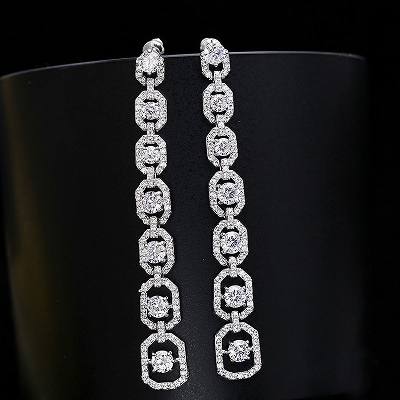 925 Silver Plated Long Zircon Ladies Pendant Earrings, Luxury Engagement Wedding Jewelry Gift