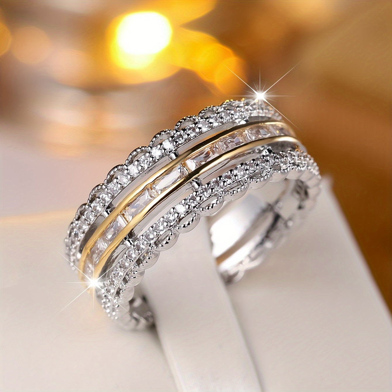 Multi-layer unplated Bohemian timeless ring set, sparkling cut synthetic cubic Zirconia, copper base, perfect gift for her, sparkling accessories for Casual Attire and parties