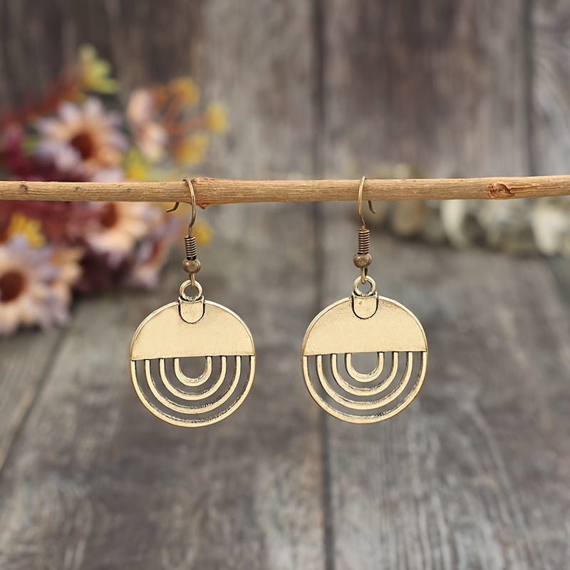 Geometric round hollow design hook earrings, retro ethnic style zinc alloy jewelry, exquisite women's gifts, daily leisure