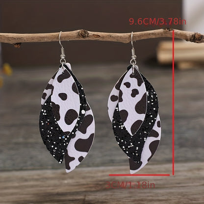 Bohemian Cow Print Triple S Earrings - Black and White Dairy Pattern, Sequin Embellishment, PU Leather Ladies Fashion Jewelry, Casual Wear, Bohemian Earrings