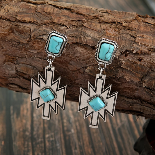 Ladies Bohemian Western Geometric Turquoise Earrings Vintage Pendant Earrings