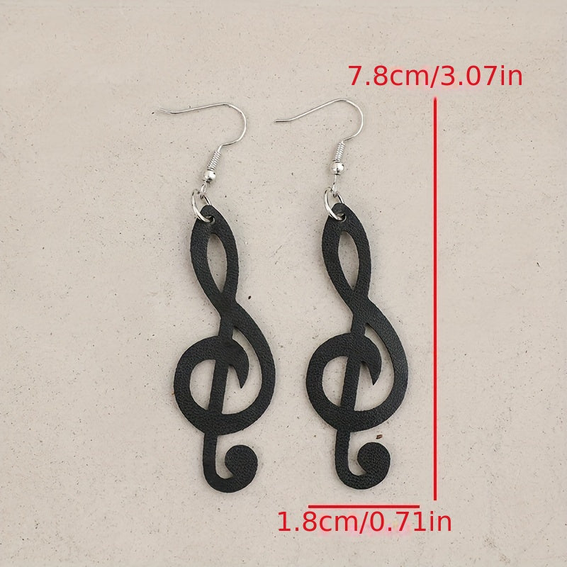 Black PU leather music note earrings - retro style treble key hook earrings for ladies, perfect for parties, music festivals and Halloween, funky earrings