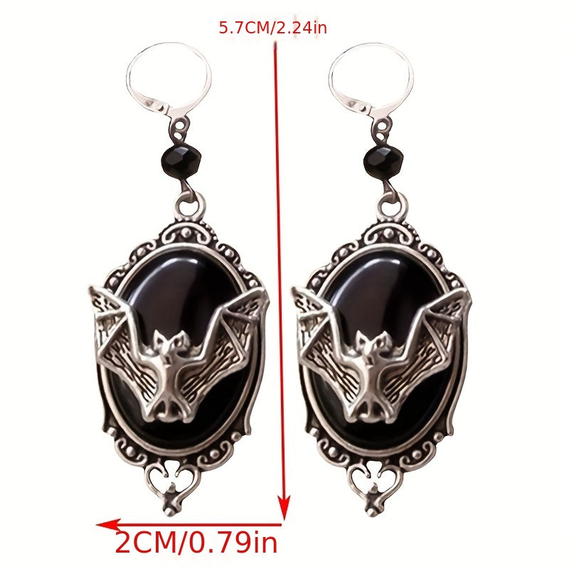 Vintage Gothic Bat Pendant Earrings, Halloween Party Ornaments, Black Resin Pendant Silver Plated, Women's Fashion Accessories