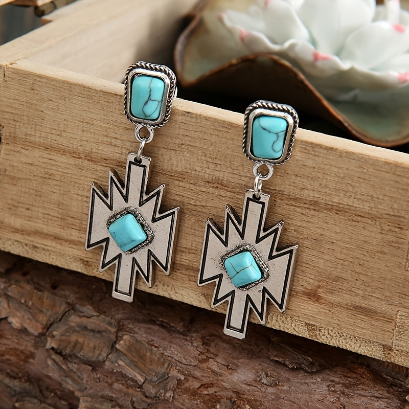 Ladies Bohemian Western Geometric Turquoise Earrings Vintage Pendant Earrings