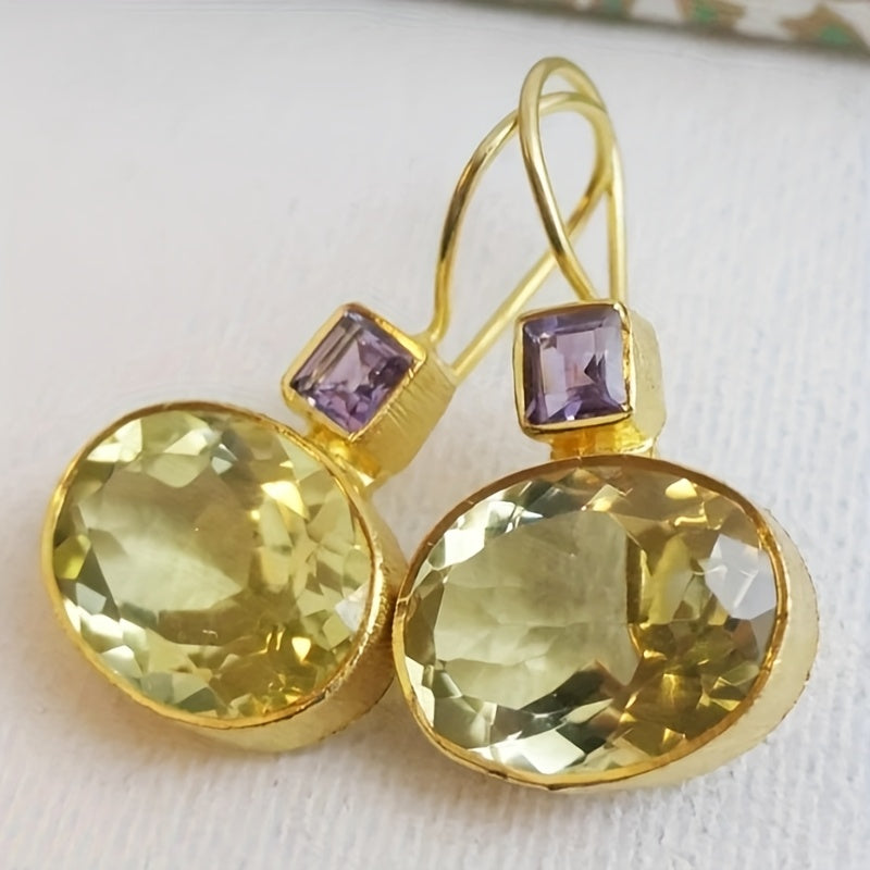 A pair of vintage bohemian 14K gold-plated brass stud earrings with champagne glass drops and purple trim - elegant drop ear stud earrings for Women's daily wear and gift giving, Christmas ornament collection