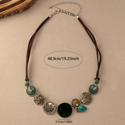 Bohemian retro style luxury floral texture women pendant oil bead necklace, alloy material, suitable for daily wear and vacation