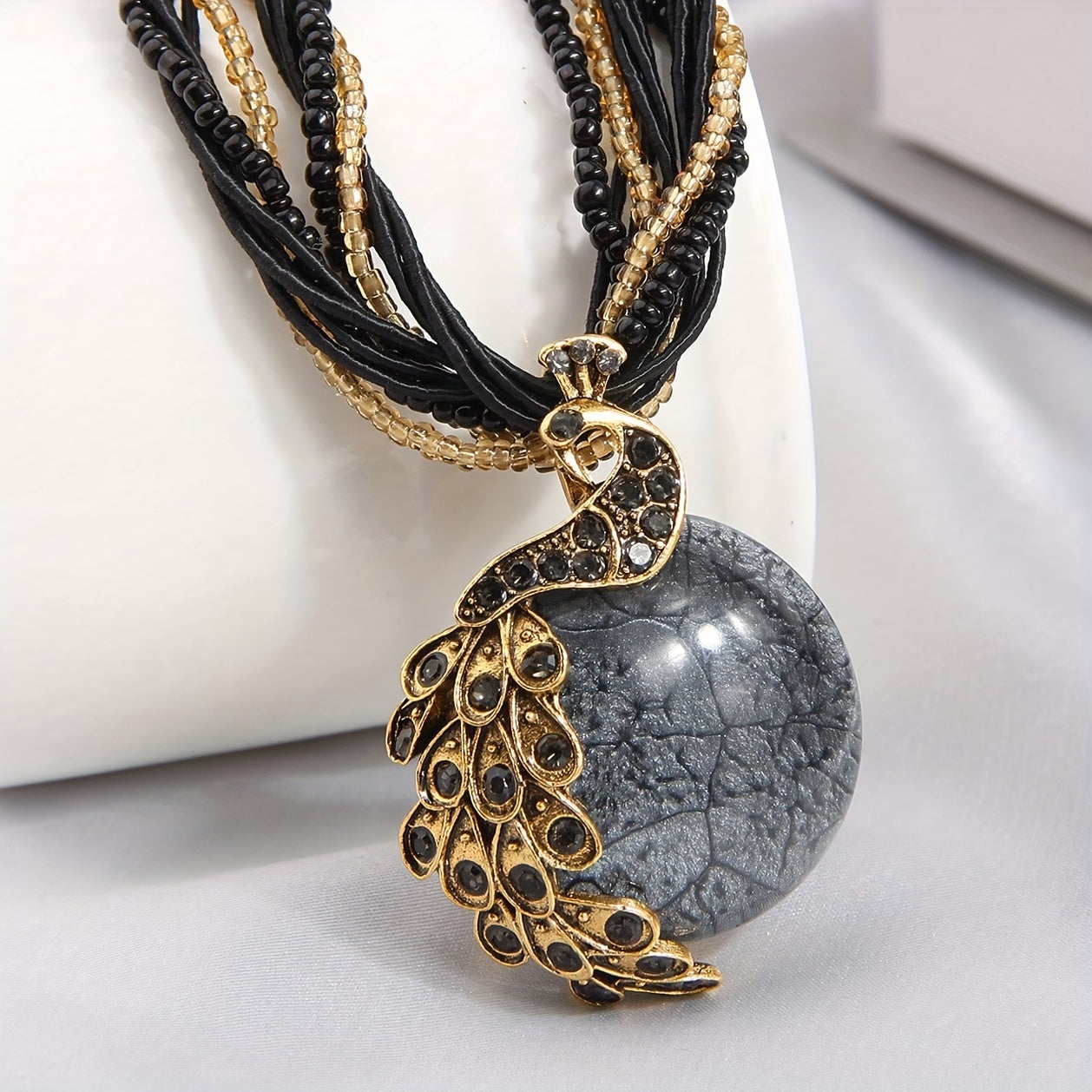 Bohemian style retro socialite peacock blue rice bead multi-layer short necklace imitation stone pendant necklace Women's jewelry gift