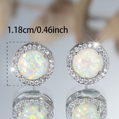 A pair of elegant white and blue opal round earrings with cubic zirconia halo - perfect for weddings, parties and Valentine's Day gifts, party accessories | occasions | zirconia decoration