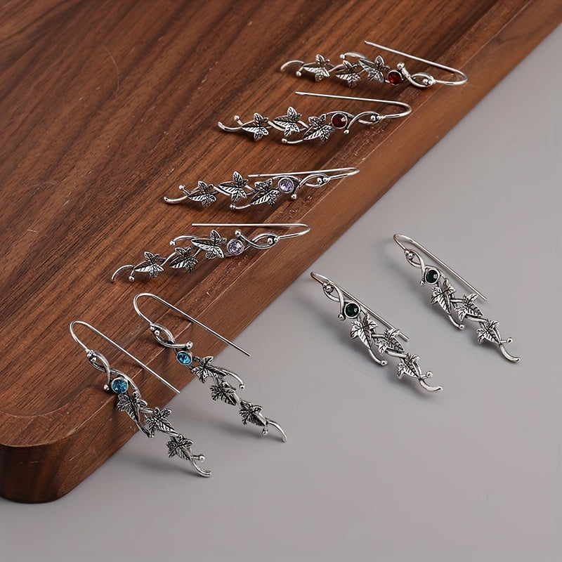 1 Pair Exquisite Silvery Boho Chic Engraved Leaf Drop Dangle Earrings - Inlaid with Colorful Synthetic Gemstones, 925 Silver Plated, Hypoallergenic, Durable, and Elegant - Perfect for Fashionistas and Bohemian Lovers