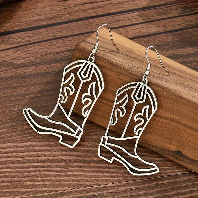 Vintage cowboy boots carved hollow pendant earrings, vintage Western style jewelry, fashionable women's gifts