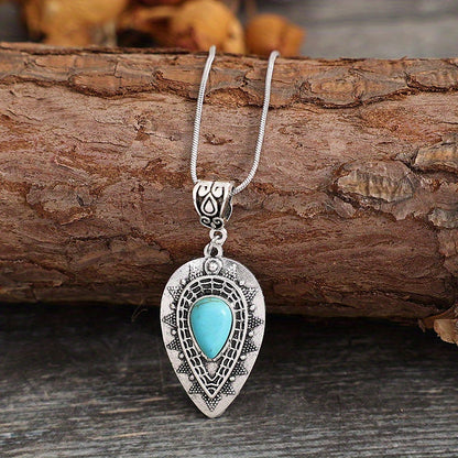 Classical engraved drop-shaped turquoise pendant, bohemian turquoise necklace