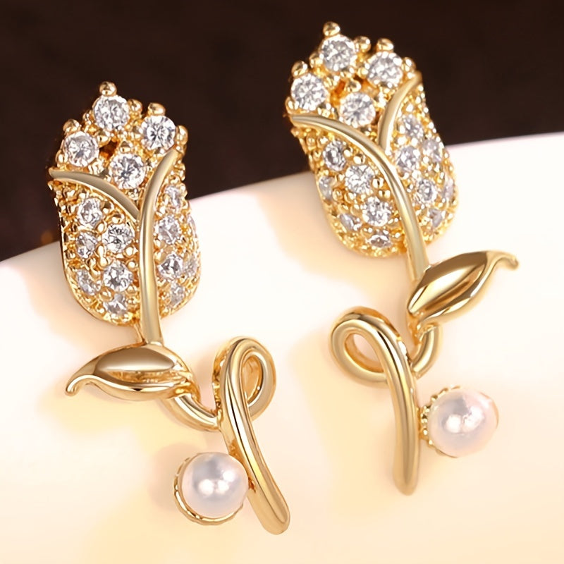 Elegant and lovely flower stud earrings, synthetic June birthstones and imitation pearls, copper nickel-plated, suitable for daily and party wear, Valentine's Day gifts - suitable for all seasons