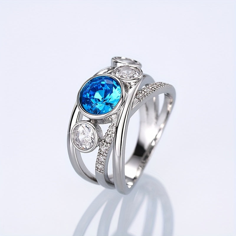 Elegant simple copper commemorative ring with blue synthetic square diamond, September raw stone, suitable for daily and party wear