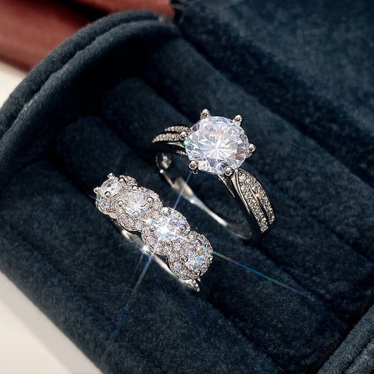 Bridal engagement wedding ring 2 pieces/set, silver and white zircon ring, women's proposal gift jewelry.