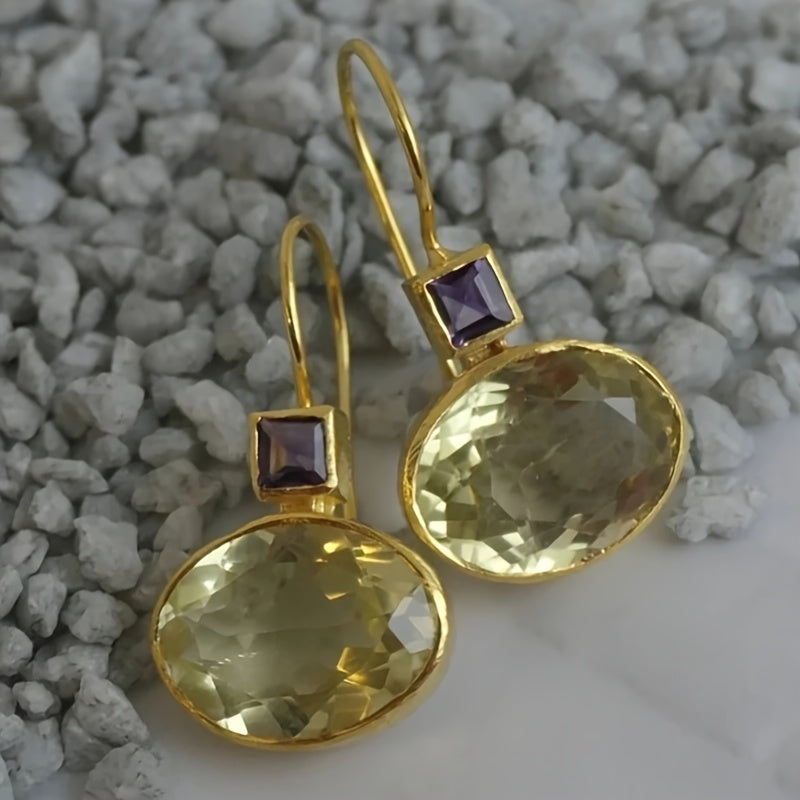 A pair of vintage bohemian 14K gold-plated brass stud earrings with champagne glass drops and purple trim - elegant drop ear stud earrings for Women's daily wear and gift giving, Christmas ornament collection