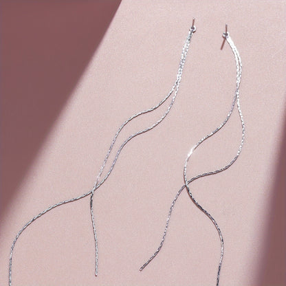 Sparkling long chain pendant earrings, elegant and minimalist copper jewelry, stylish holiday earrings