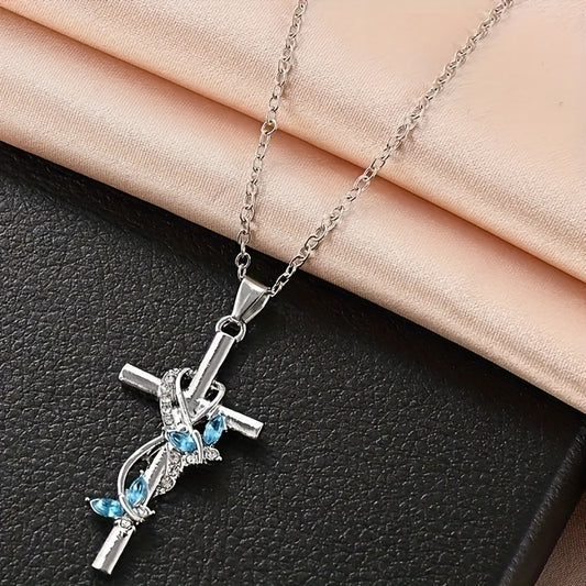 Elegant Silver Plated Cross and Vine Pendant Necklace with Aquamarine Butterfly - Perfect for Weddings, Engagements and Casual Decorations