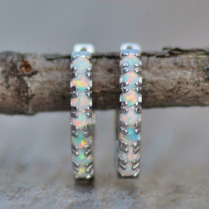 1 Pair of Bohemian Synthetic Opal Ring Earrings Women's - Elegant Vintage Jewelry with Iridescent Blue, Green, Yellow, and Pink Opals, Nickel-Free Copper Band, Perfect for Parties, Everyday Wear, and Festivals |Copper Earrings, Novelty Earrings