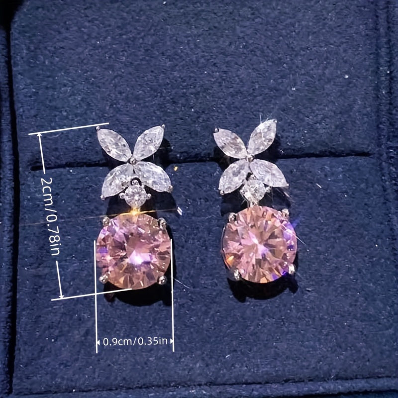 Elegant Pink Cubic Zirconia Flower Pendant Earrings - Nickel Free Copper for Everyday Wear and Parties