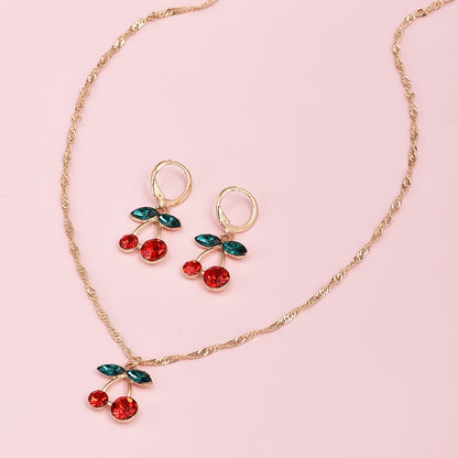 Sweet Cherry Crystal Pendant Necklace and Earrings Set Delicate Fruit Gold Chain Jewelry Set Gift