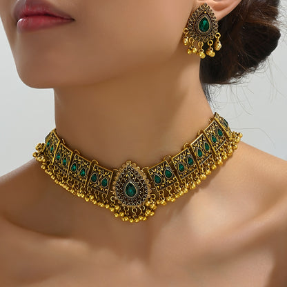 Bollywood style 1 pair of earrings + 1 necklace retro jewelry set retro design inlaid with gemstones with daily clothing party accessories