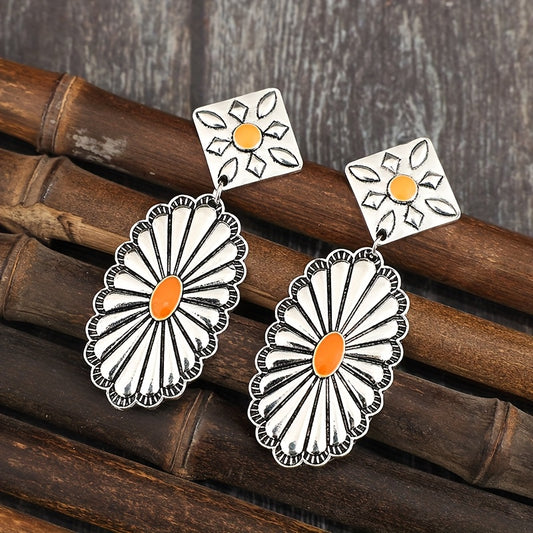 A pair of bohemian vintage floral engraved earrings, alloy pendant with iron studs, bohemian fashion earrings, silver tones with orange accents