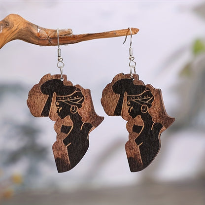 Africa map creative design, with black beautiful pattern, pendant earrings, retro ethnic style wooden jewelry, fashionable women's gifts