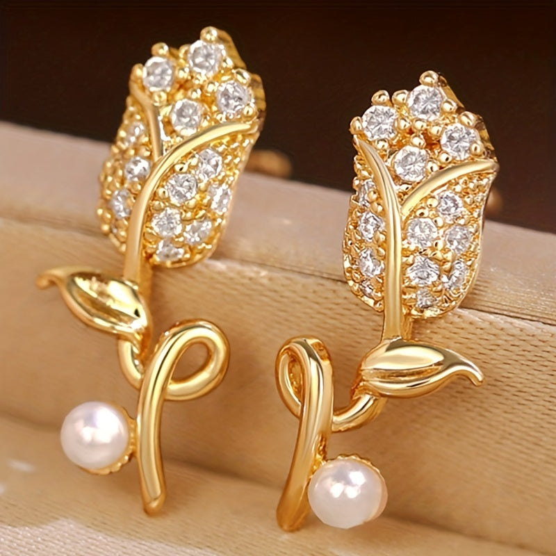 Elegant and lovely flower stud earrings, synthetic June birthstones and imitation pearls, copper nickel-plated, suitable for daily and party wear, Valentine's Day gifts - suitable for all seasons