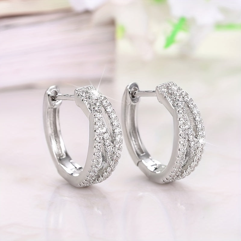 1 Pair Cross-twisted Interwoven 925 Silver-plated Zirconia Ring Earrings for Women's Everyday Casual Fashion Accessories