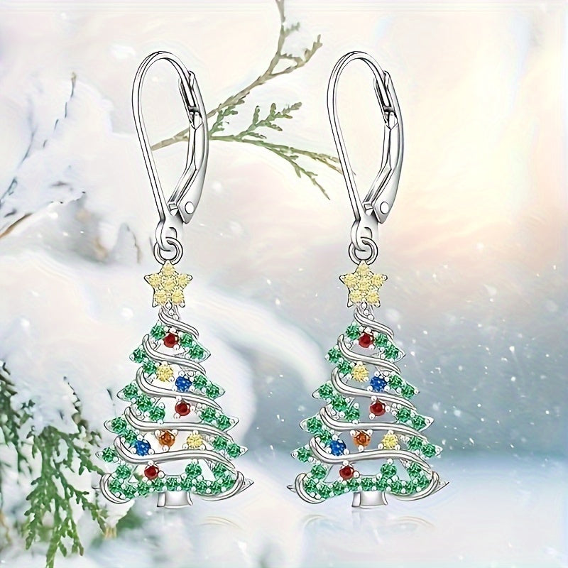 Festive, elegant Christmas tree pendant earrings set with shiny cubic zirconia - nickel-free copper for everyday wear and parties