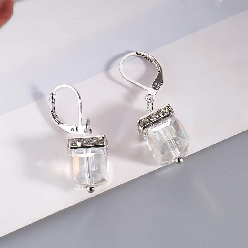 Stylish Silver Set Green Gemstone Hanging Earrings Women's Shiny Zirconia Hook Hanging Earrings Wedding Jewelry