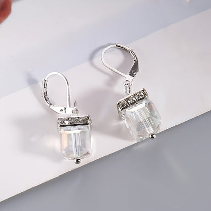 Stylish Silver Set Green Gemstone Hanging Earrings Women's Shiny Zirconia Hook Hanging Earrings Wedding Jewelry