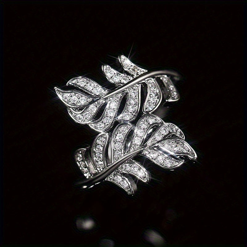Fashion 925 silver plated zircon leaf ring, women's daily casual accessories