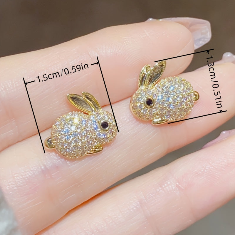Cute Rabbit Stud Earrings, Copper Jewelry, Small Zirconia Inlay, Fashionable and Casual Style, Women's Daily Dating Earrings