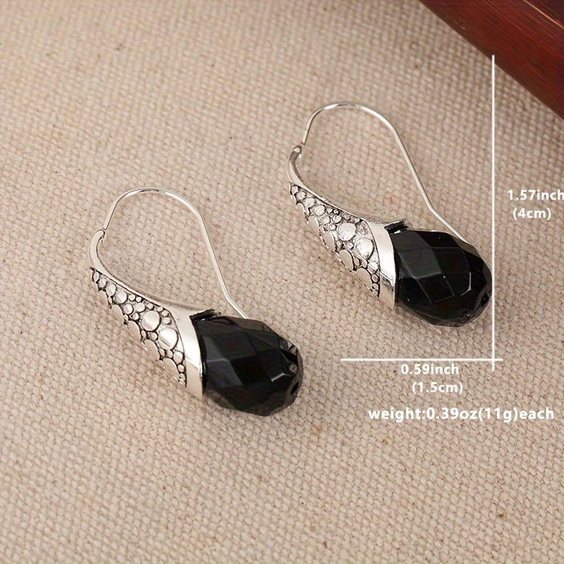 Retro metal hand-carved pattern earrings with black stone hook earrings