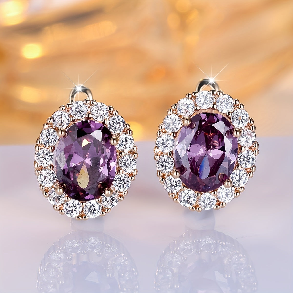 Elegant Purple Zirconia Pendant Earrings - Luxury Gold Oval Cut, Stackable Four Seasons Design - Perfect for Valentine's Day or Halloween Gifts, Holiday Earrings for Winter and New Year
