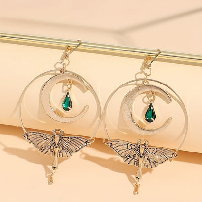 A pair of vintage crescent stud earrings with a green resin moth pendant, zinc alloy, and iron pillars for everyday wear jewelry in all seasons