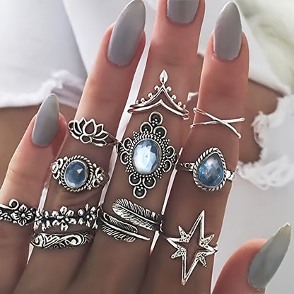 11-Piece Bohemian ring set, classic silver-plated alloy, with faux crystal parquet, vintage engraved flower design, inlaid with rhinestones
