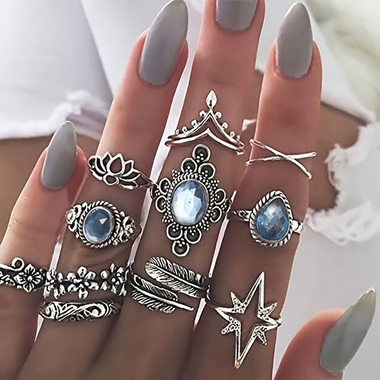 11-Piece Bohemian ring set, classic silver-plated alloy, with faux crystal parquet, vintage engraved flower design, inlaid with rhinestones