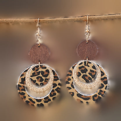 Cross-border new sexy hollow ring leopard print sequined splicing wooden PUPU leather earrings