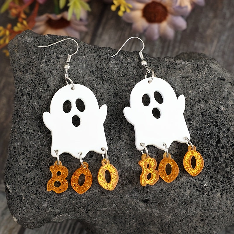 Stylish Halloween & BOO Letter Acrylic Pendant Earrings - Vintage Style for Everyday Wear or Gift