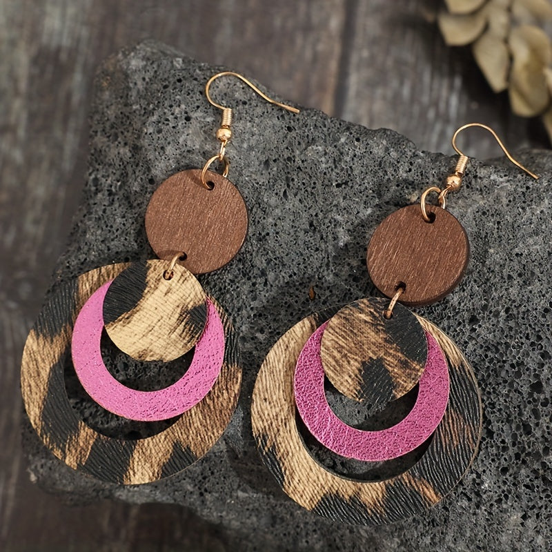 Ladies' fashion accessories, classic multi-layered leopard print hollow PU leather pendant earrings, iron ear hooks, unplated - versatile fashion accessories for Casual Attire