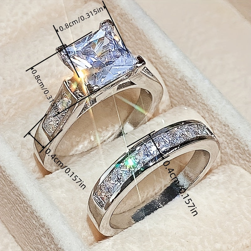 Elegant promise ring set with sparkling zircon, square design, engagement wedding ring, symbolizing elegance and beauty (excluding box)