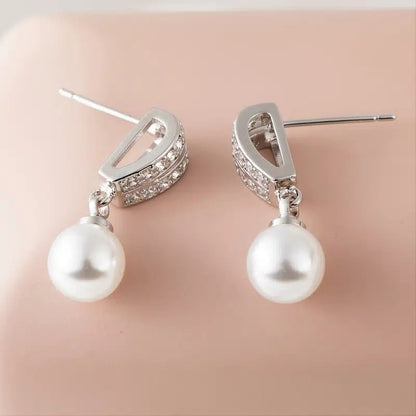 Elegant and simple 925 silver-plated white pearl Zirconia stud earrings Women's bridal engagement wedding exquisite jewelry gift