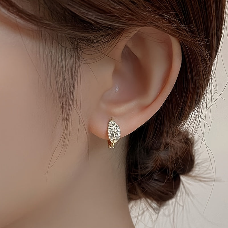 Leaf design loop earrings, copper jewelry, Zirconia inlaid, elegant retro style, Women's daily wear